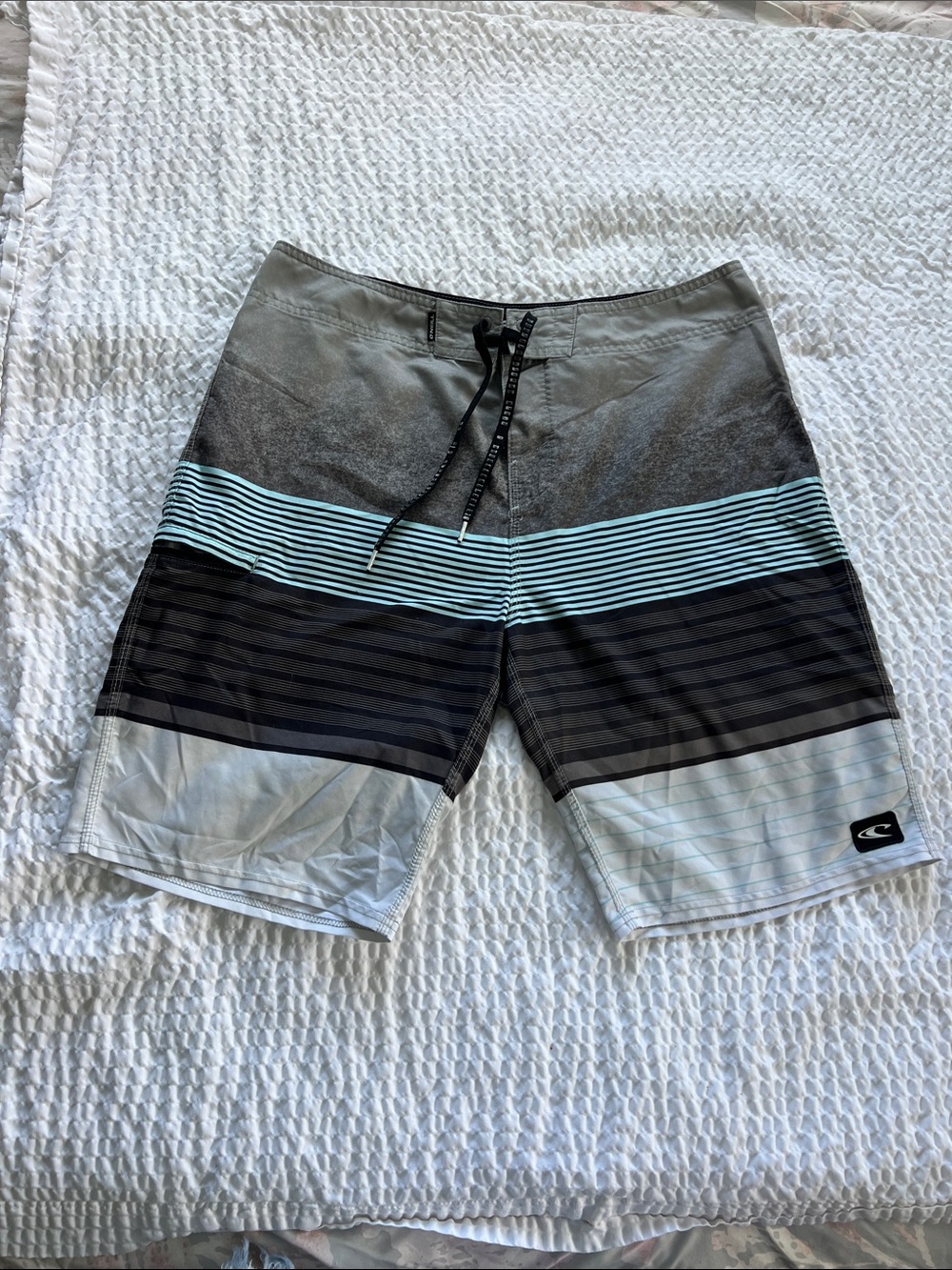 O’Neill Men's Gray and Light Blue Striped Board Shorts*